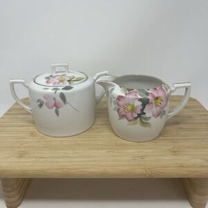 Vintage Noritake M‎ Azalea 19322 Creamer Sugar With Lid Gold Green Stamp